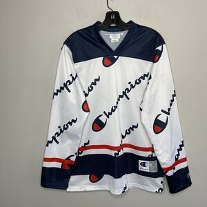 CHAMPION Mens All-Over Logo Hockey Jersey EUC White Blue Red Mesh Sz: Small S